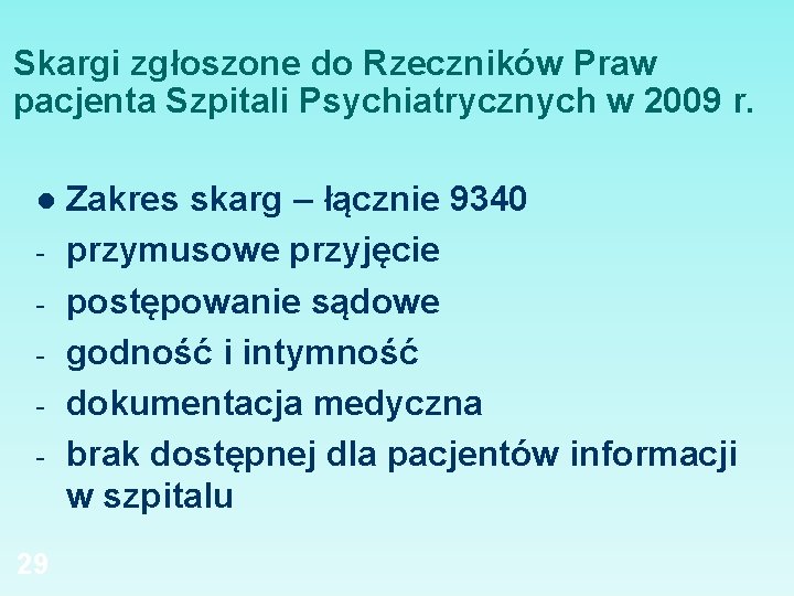 Skargi zgłoszone do Rzeczników Praw pacjenta Szpitali Psychiatrycznych w 2009 r. l - 29