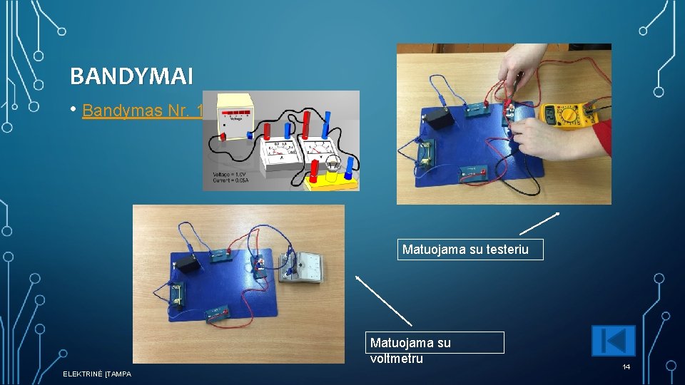 BANDYMAI • Bandymas Nr. 1 Matuojama su testeriu Matuojama su voltmetru ELEKTRINĖ ĮTAMPA 14