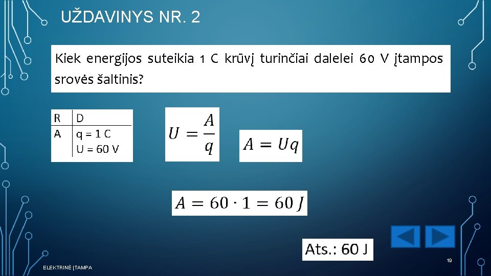 UŽDAVINYS NR. 2 Kiek energijos suteikia 1 C krūvį turinčiai dalelei 60 V įtampos