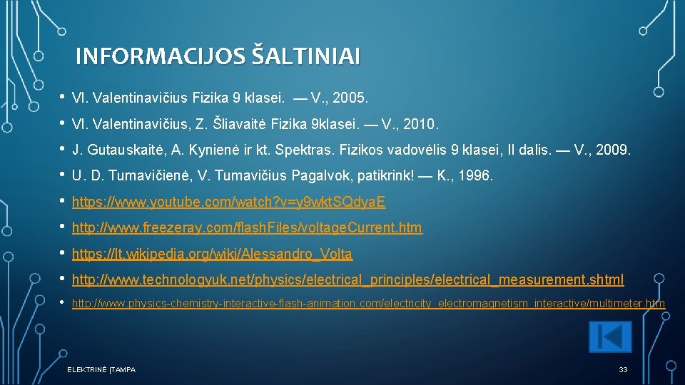 INFORMACIJOS ŠALTINIAI • • Vl. Valentinavičius Fizika 9 klasei. — V. , 2005. •