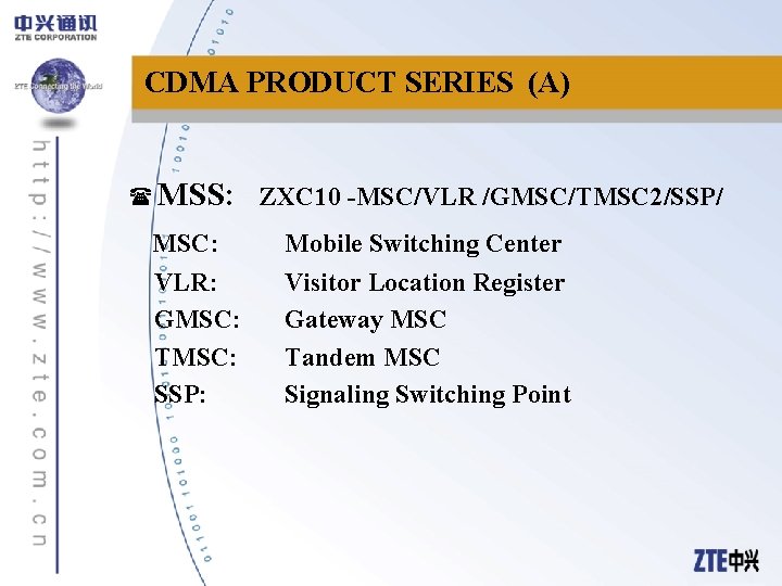 CDMA PRODUCT SERIES (A) ( MSS: MSC: VLR: GMSC: TMSC: SSP: ZXC 10 -MSC/VLR