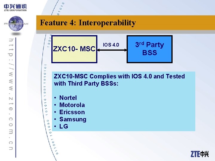 Feature 4: Interoperability ZXC 10 - MSC IOS 4. 0 3 rd Party BSS