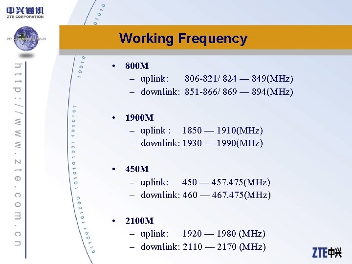 Working Frequency • 800 M – uplink: 806 -821/ 824 — 849(MHz) – downlink: