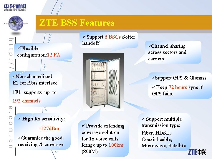 ZTE BSS Features üFlexible configuration: 12 FA üSupport 6 BSCs Softer handoff üChannel sharing