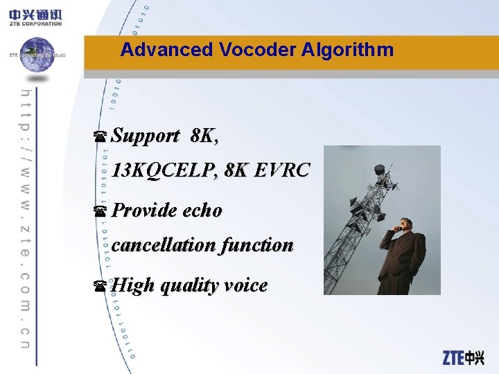 Advanced Vocoder Algorithm ( Support 8 K, 13 KQCELP, 8 K EVRC ( Provide
