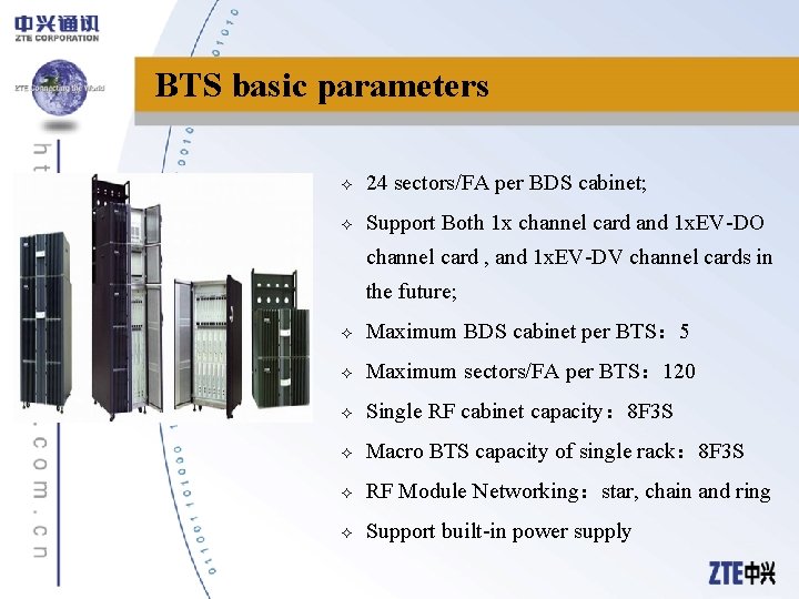 BTS basic parameters ² 24 sectors/FA per BDS cabinet; ² Support Both 1 x