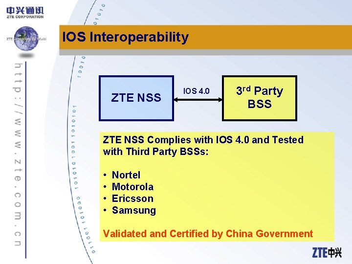 IOS Interoperability ZTE NSS IOS 4. 0 3 rd Party BSS ZTE NSS Complies