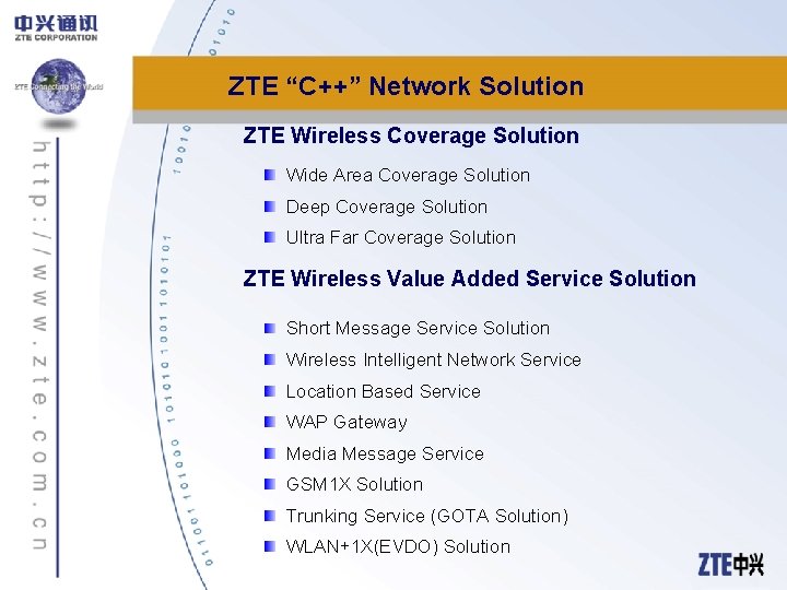 ZTE “C++” Network Solution ZTE Wireless Coverage Solution Wide Area Coverage Solution Deep Coverage