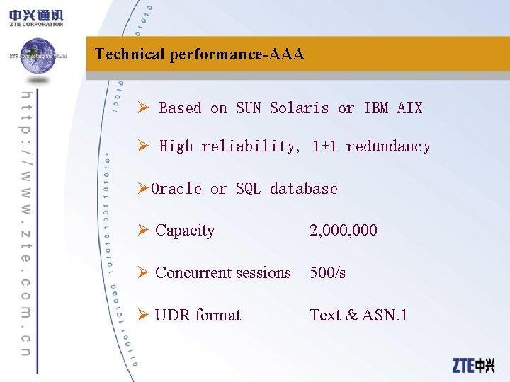 Technical performance-AAA Ø Based on SUN Solaris or IBM AIX Ø High reliability, 1+1