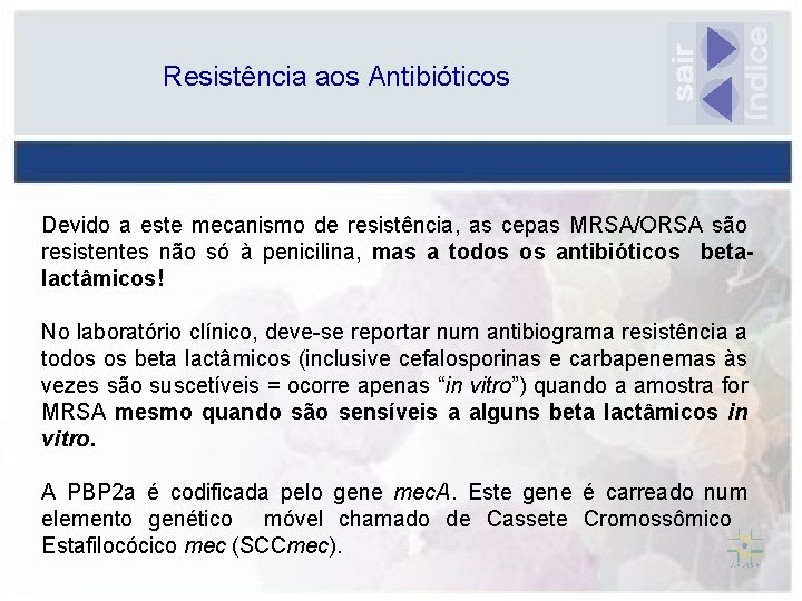 Resistência aos Antibióticos Devido a este mecanismo de resistência, as cepas MRSA/ORSA são resistentes