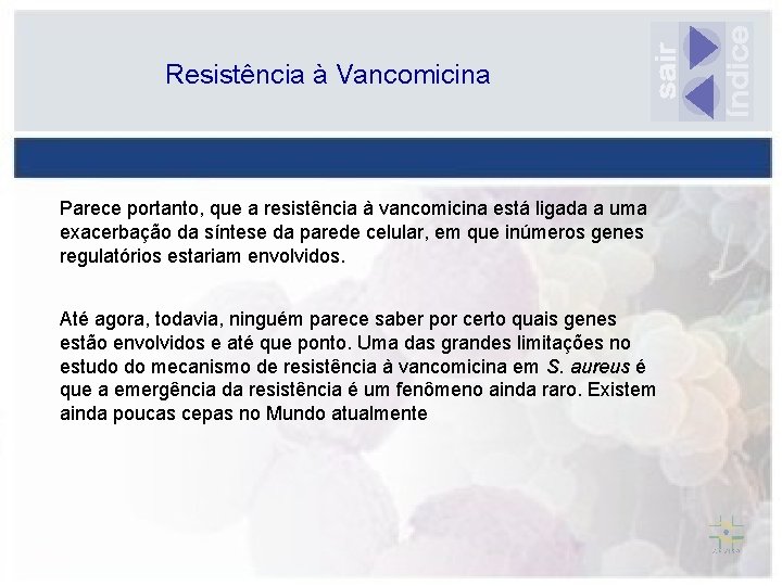 Resistência à Vancomicina Parece portanto, que a resistência à vancomicina está ligada a uma