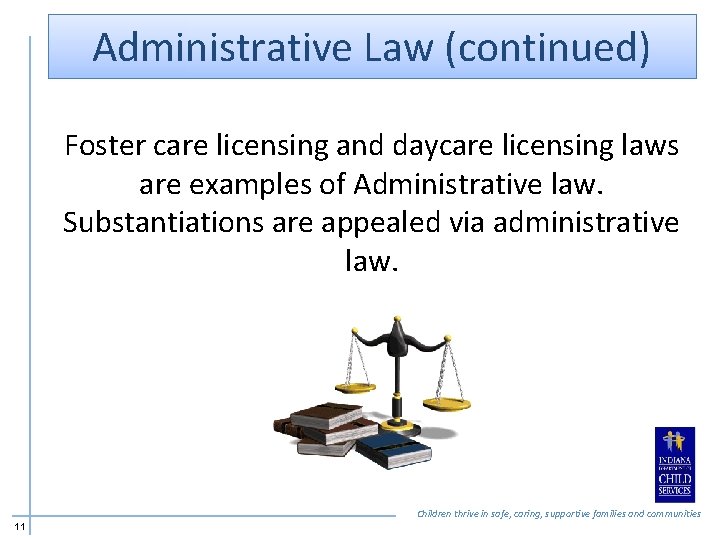 Administrative Law (continued) Foster care licensing and daycare licensing laws are examples of Administrative