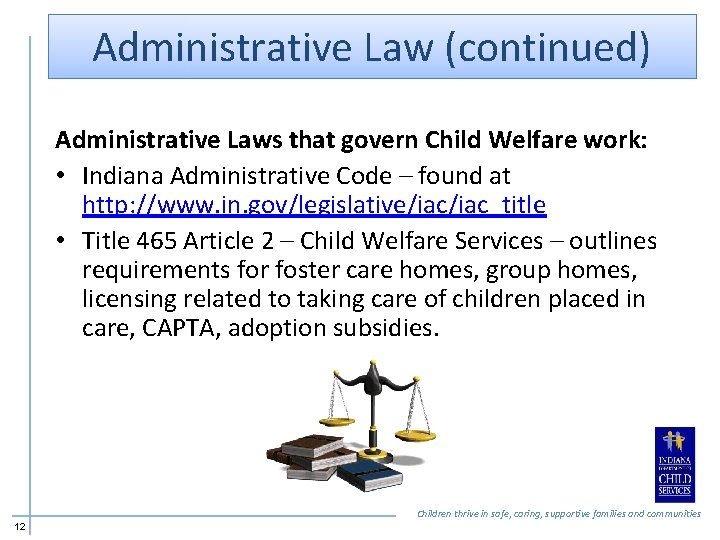 Administrative Law (continued) Administrative Laws that govern Child Welfare work: • Indiana Administrative Code