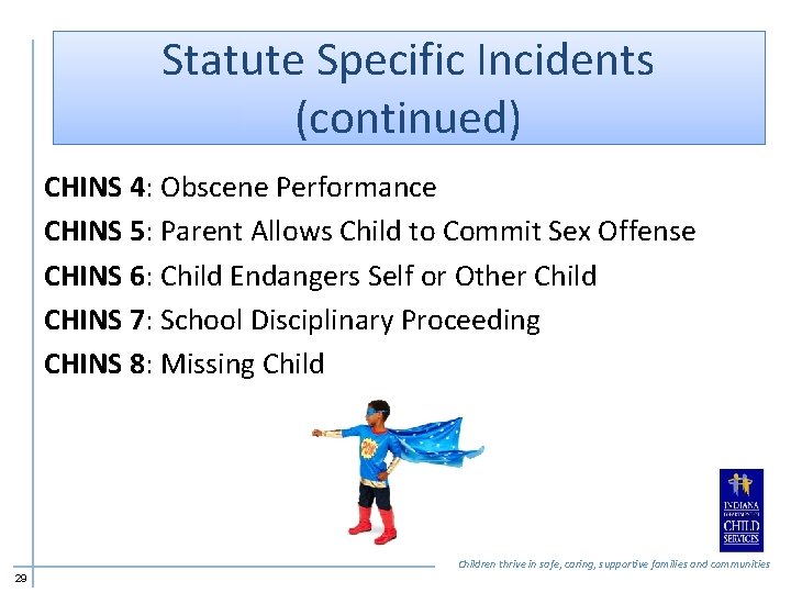 Statute Specific Incidents (continued) CHINS 4: Obscene Performance CHINS 5: Parent Allows Child to