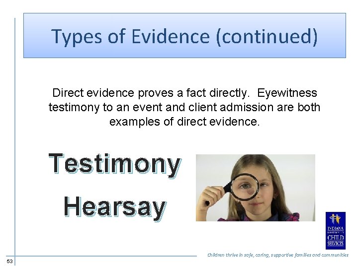 Types of Evidence (continued) Direct evidence proves a fact directly. Eyewitness testimony to an