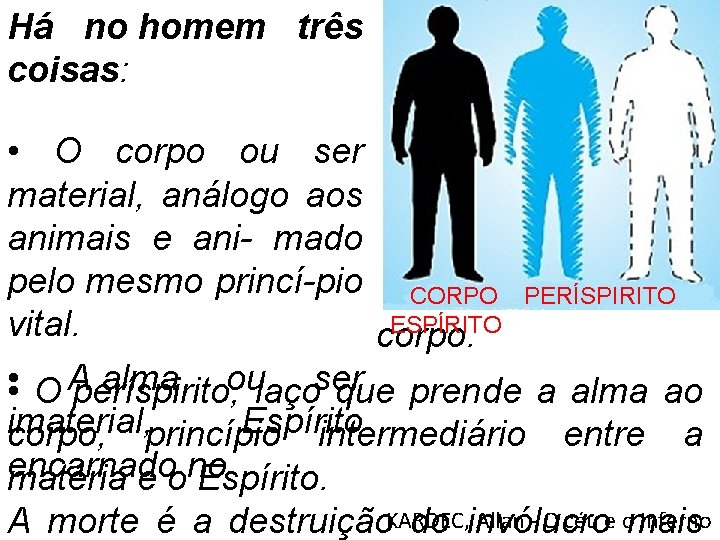 Há no homem três coisas: • O corpo ou ser material, análogo aos animais