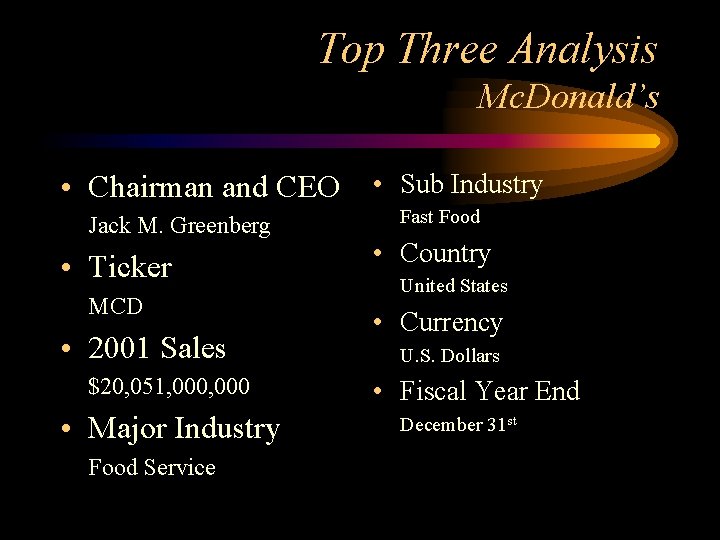 Top Three Analysis Mc. Donald’s • Chairman and CEO Jack M. Greenberg • Ticker
