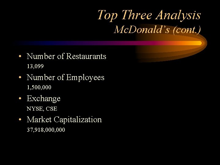 Top Three Analysis Mc. Donald’s (cont. ) • Number of Restaurants 13, 099 •