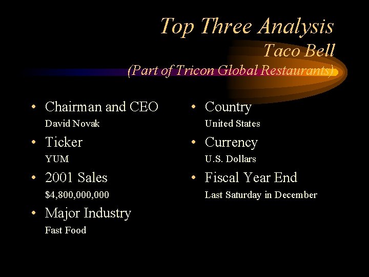 Top Three Analysis Taco Bell (Part of Tricon Global Restaurants) • Chairman and CEO