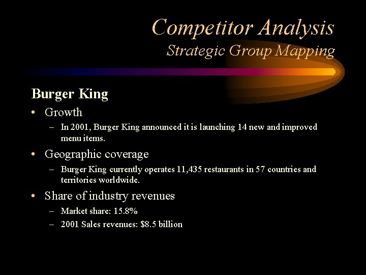 Competitor Analysis Strategic Group Mapping Burger King • Growth – In 2001, Burger King