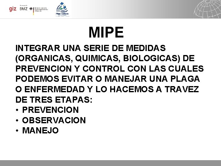 MIPE INTEGRAR UNA SERIE DE MEDIDAS (ORGANICAS, QUIMICAS, BIOLOGICAS) DE PREVENCION Y CONTROL CON