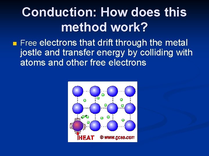 Conduction: How does this method work? n Free electrons that drift through the metal