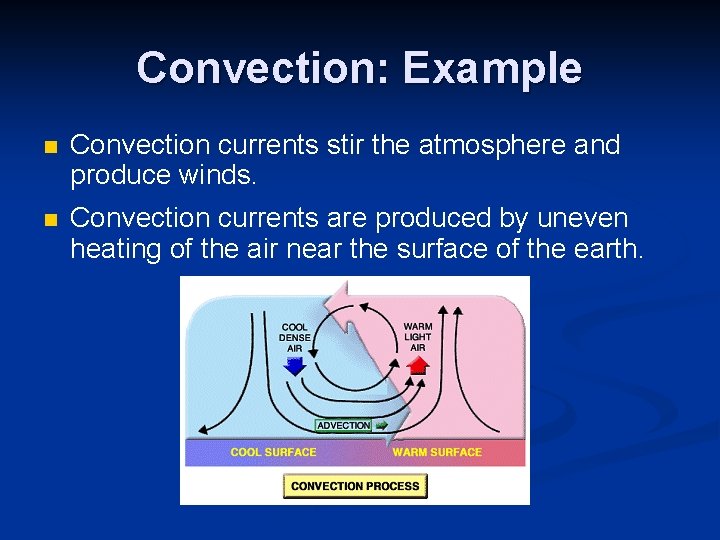 Convection: Example n Convection currents stir the atmosphere and produce winds. n Convection currents