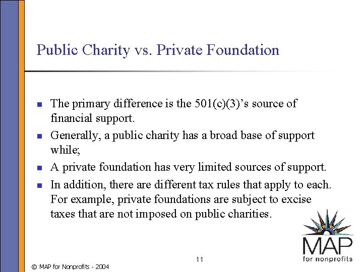 Public Charity vs. Private Foundation n n The primary difference is the 501(c)(3)’s source