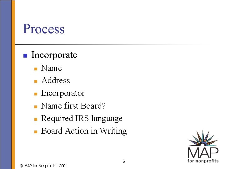 Process n Incorporate n n n Name Address Incorporator Name first Board? Required IRS