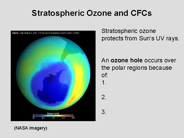 Stratospheric Ozone and CFCs Stratospheric ozone protects from Sun’s UV rays. An ozone hole