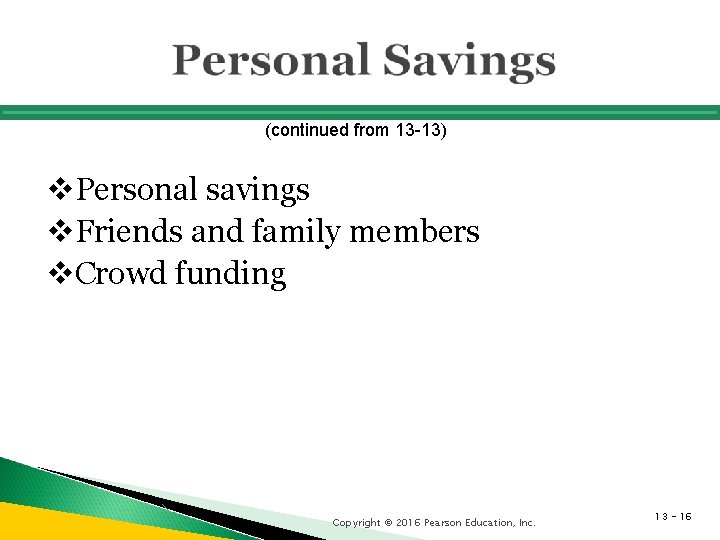 (continued from 13 -13) v. Personal savings v. Friends and family members v. Crowd