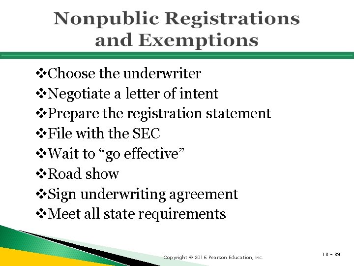 v. Choose the underwriter v. Negotiate a letter of intent v. Prepare the registration