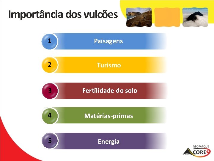 Importância dos vulcões 1 Paisagens 2 Turismo 3 Fertilidade do solo 4 Matérias-primas 5