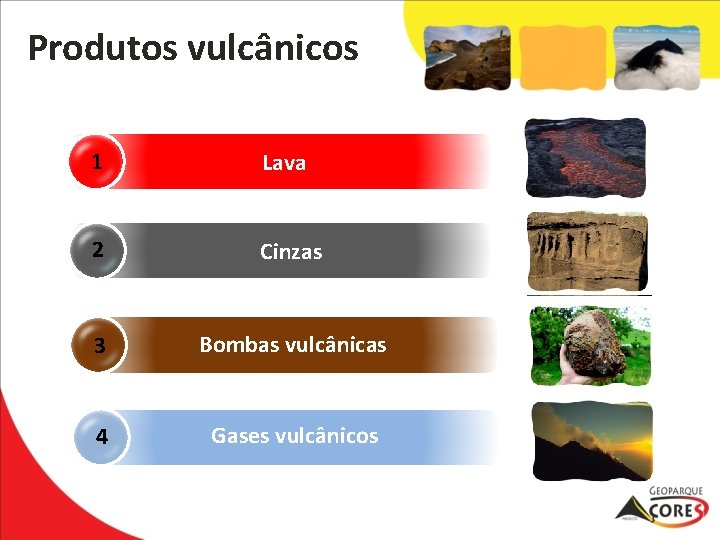 Produtos vulcânicos 1 Lava 2 Cinzas 3 Bombas vulcânicas 4 Gases vulcânicos 