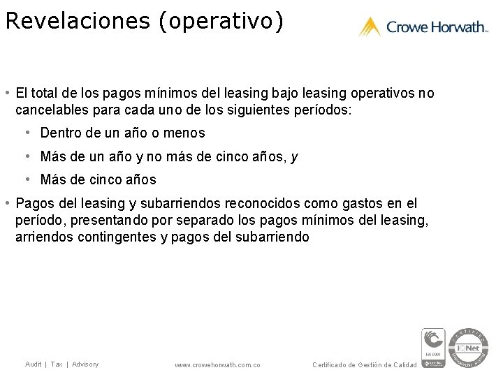 Revelaciones (operativo) • El total de los pagos mínimos del leasing bajo leasing operativos