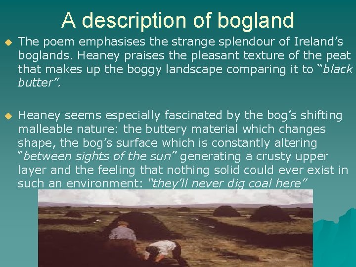 A description of bogland u The poem emphasises the strange splendour of Ireland’s boglands.