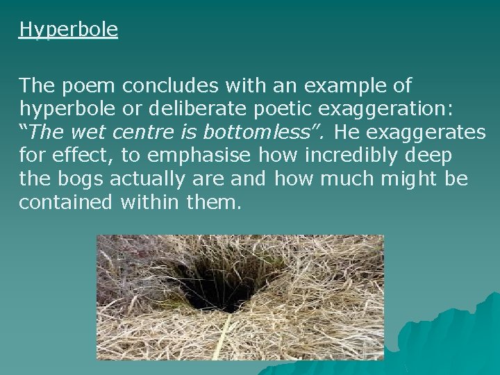 Hyperbole The poem concludes with an example of hyperbole or deliberate poetic exaggeration: “The
