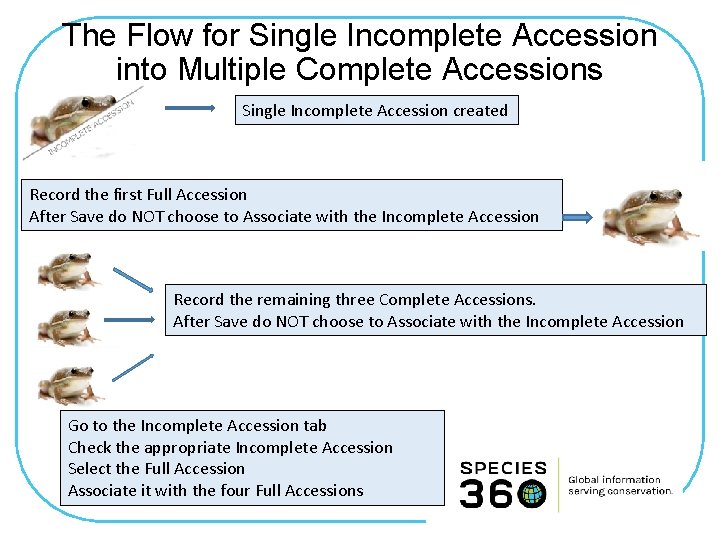 The Flow for Single Incomplete Accession into Multiple Complete Accessions Single Incomplete Accession created