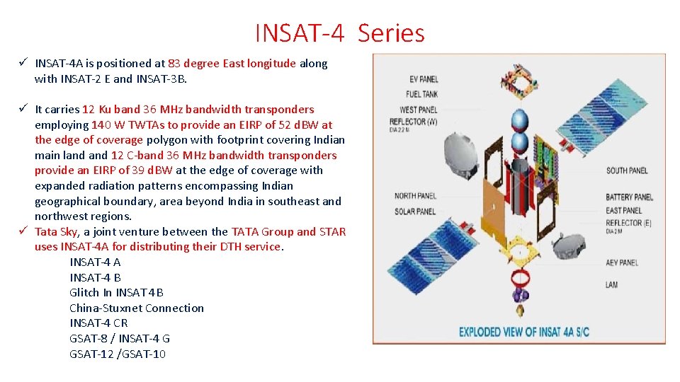 INSAT-4 Series ü INSAT-4 A is positioned at 83 degree East longitude along with