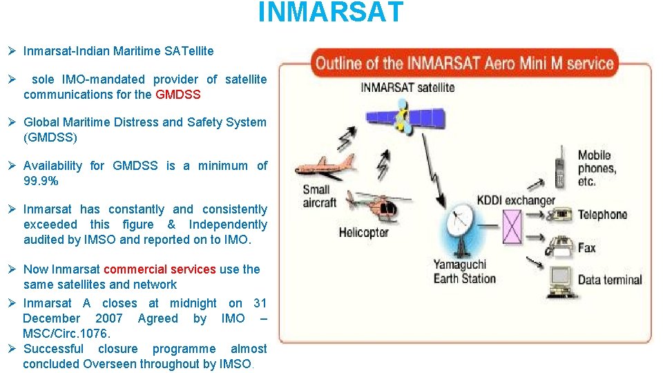 INMARSAT Ø Inmarsat-Indian Maritime SATellite Ø sole IMO-mandated provider of satellite communications for the