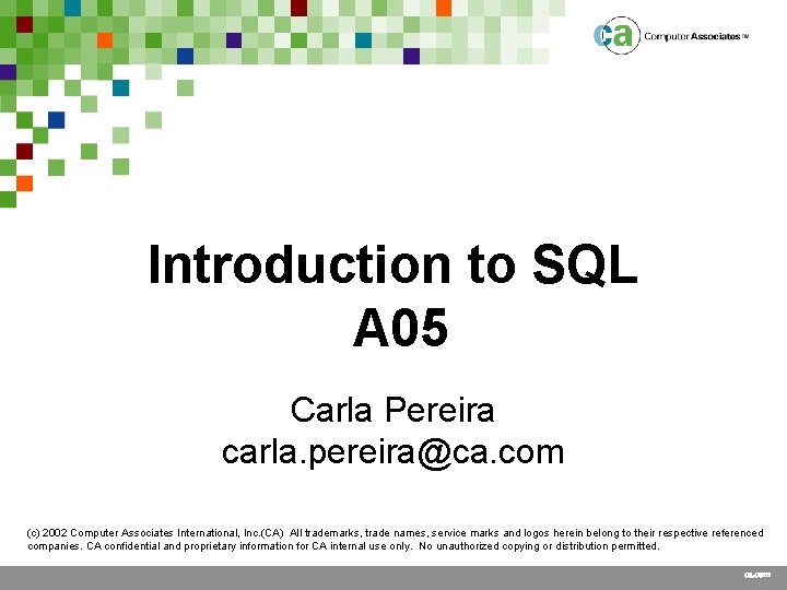 Introduction to SQL A 05 Carla Pereira carla. pereira@ca. com (c) 2002 Computer Associates