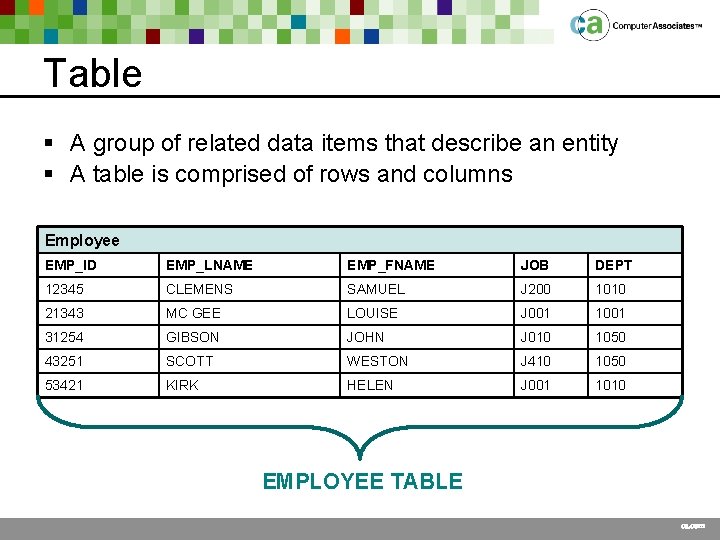 Table § A group of related data items that describe an entity § A