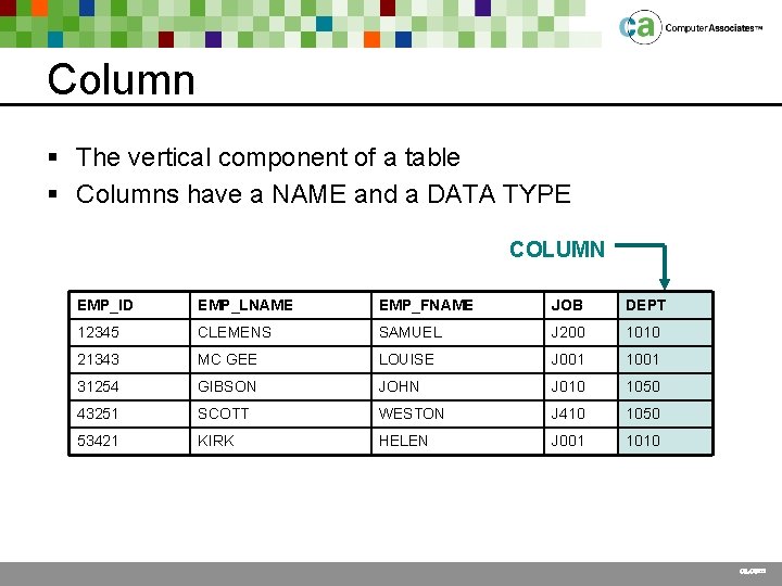 Column § The vertical component of a table § Columns have a NAME and