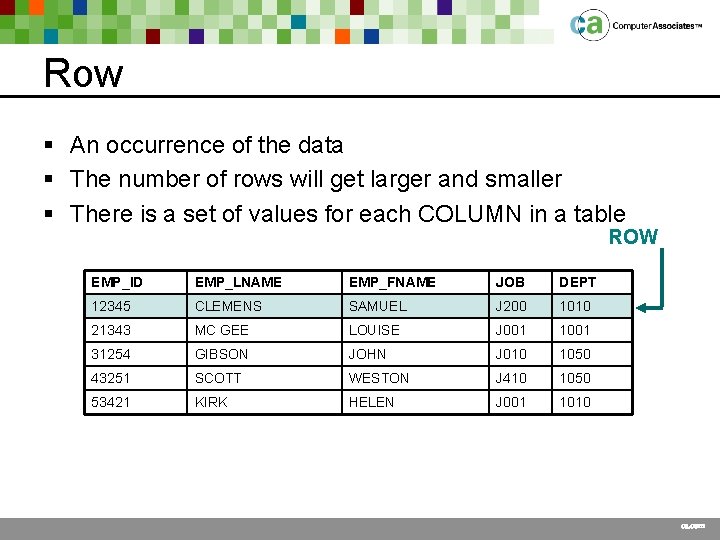 Row § An occurrence of the data § The number of rows will get