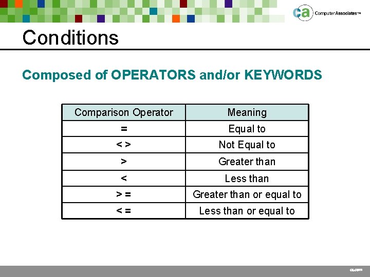 Conditions Composed of OPERATORS and/or KEYWORDS Comparison Operator Meaning = Equal to <> Not