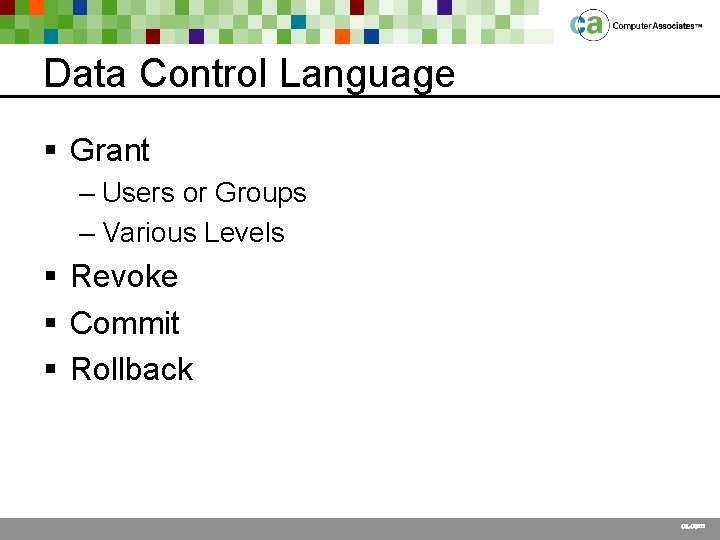 Data Control Language § Grant – Users or Groups – Various Levels § Revoke