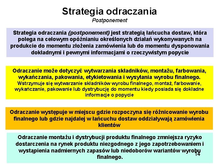 Strategia odraczania Postponement Strategia odraczania (postponement) jest strategią łańcucha dostaw, która polega na celowym