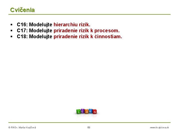 Cvičenia C 16: Modelujte hierarchiu rizík. C 17: Modelujte priradenie rizík k procesom. C