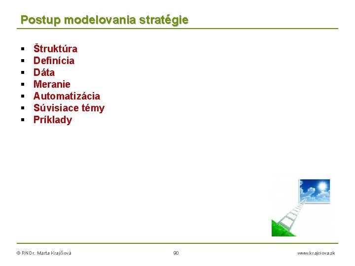 Postup modelovania stratégie Štruktúra Definícia Dáta Meranie Automatizácia Súvisiace témy Príklady © RNDr. Marta