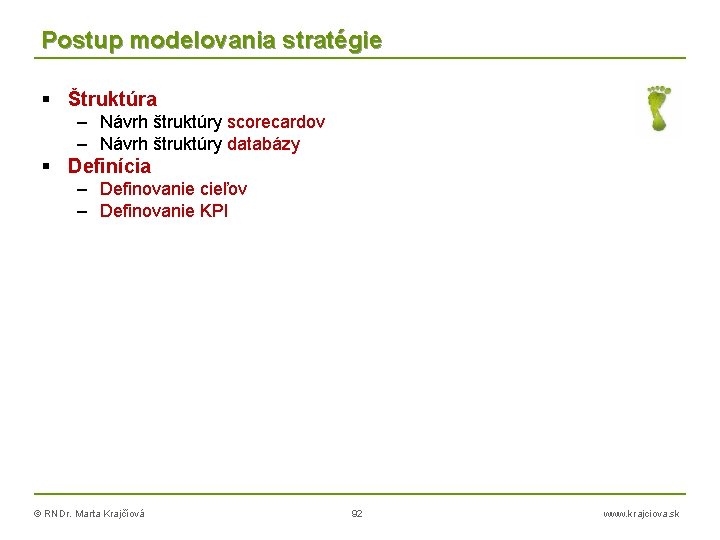 Postup modelovania stratégie Štruktúra – Návrh štruktúry scorecardov – Návrh štruktúry databázy Definícia –